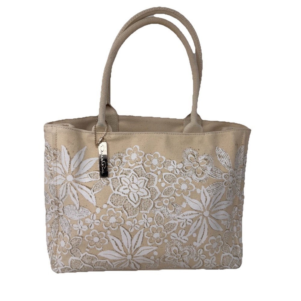 Oscar de La Renta Womens Beige Inner Pockets Canvas Floral Tote Bag